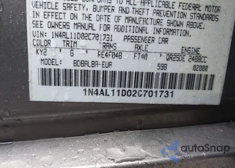 2002 Nissan Altima 2.5 S из США, поврежденный, VIN 1N4AL11D02C701731